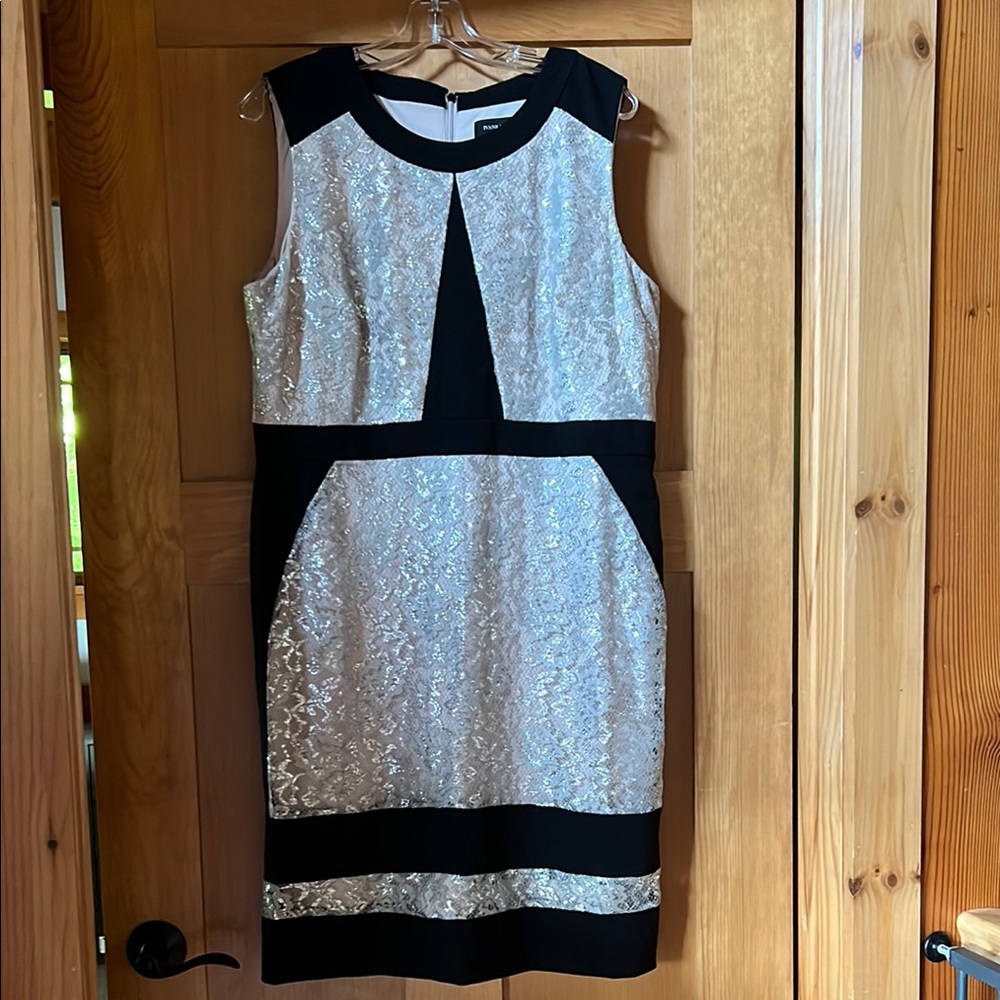 Ivanka Trump Black and Cream Sequin Sheath Midi Dress